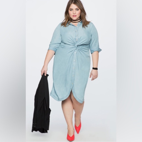 ELOQUII TWIST FRONT CHAMBRAY SHIRTDRESS - PLUS SIZE 24 - Picture 1 of 13